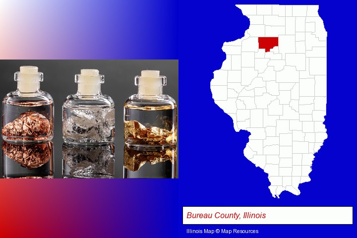 gold, silver, and copper nuggets; Bureau County, Illinois highlighted in red on a map