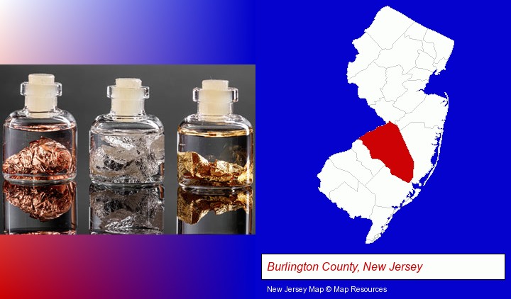 gold, silver, and copper nuggets; Burlington County, New Jersey highlighted in red on a map