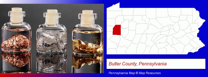 gold, silver, and copper nuggets; Butler County, Pennsylvania highlighted in red on a map