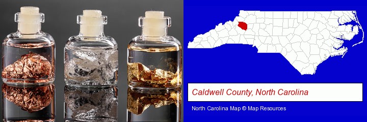 gold, silver, and copper nuggets; Caldwell County, North Carolina highlighted in red on a map