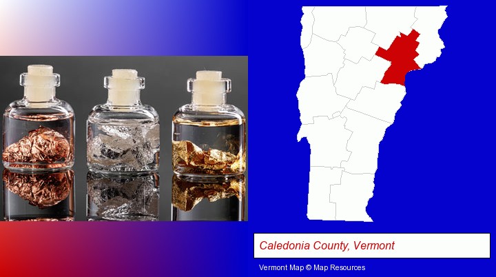gold, silver, and copper nuggets; Caledonia County, Vermont highlighted in red on a map
