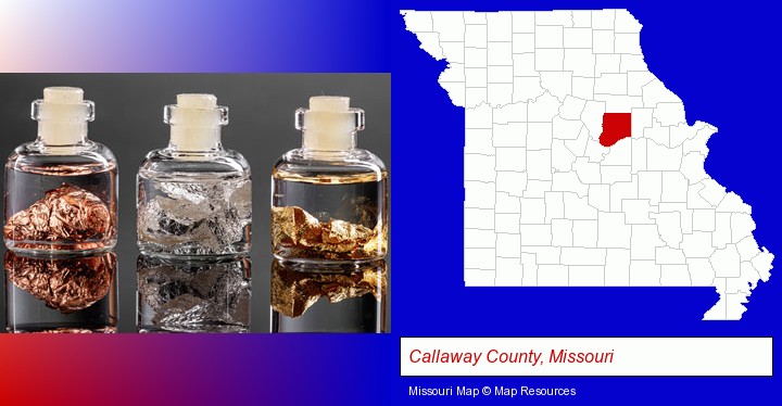 gold, silver, and copper nuggets; Callaway County, Missouri highlighted in red on a map