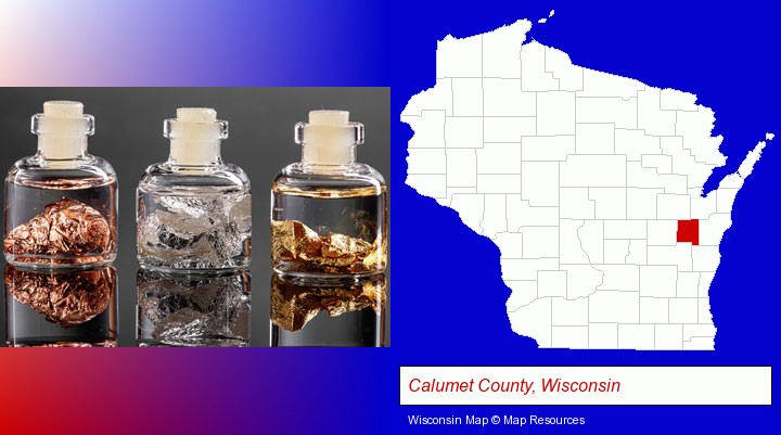 gold, silver, and copper nuggets; Calumet County, Wisconsin highlighted in red on a map