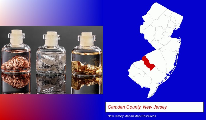 gold, silver, and copper nuggets; Camden County, New Jersey highlighted in red on a map