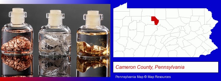 gold, silver, and copper nuggets; Cameron County, Pennsylvania highlighted in red on a map