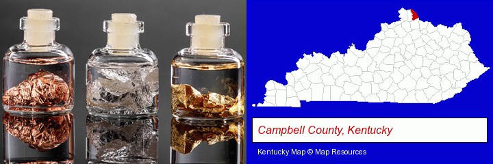 gold, silver, and copper nuggets; Campbell County, Kentucky highlighted in red on a map