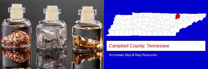 gold, silver, and copper nuggets; Campbell County, Tennessee highlighted in red on a map