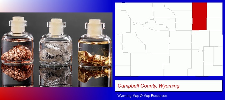 gold, silver, and copper nuggets; Campbell County, Wyoming highlighted in red on a map
