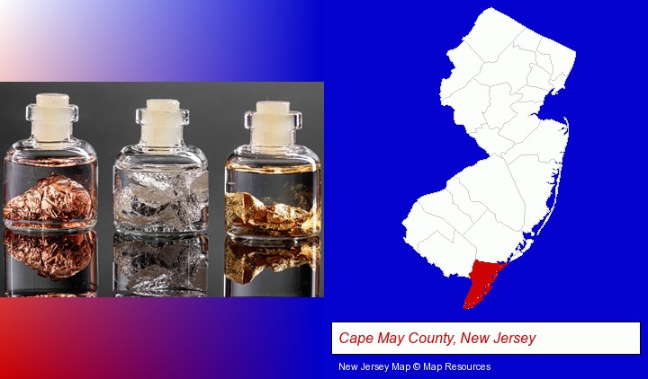 gold, silver, and copper nuggets; Cape May County, New Jersey highlighted in red on a map