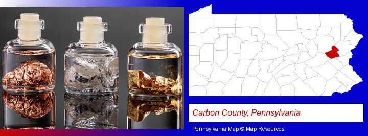 gold, silver, and copper nuggets; Carbon County, Pennsylvania highlighted in red on a map
