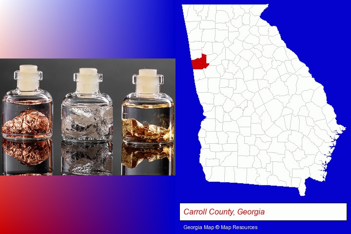 gold, silver, and copper nuggets; Carroll County, Georgia highlighted in red on a map
