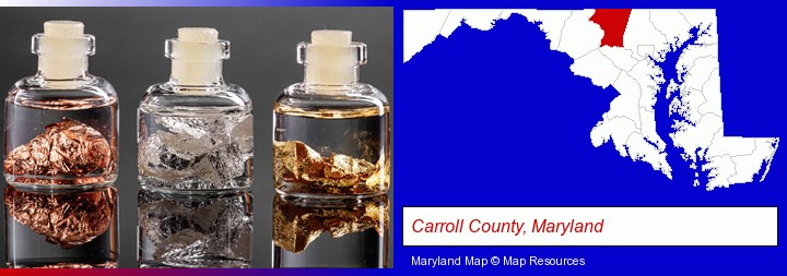 gold, silver, and copper nuggets; Carroll County, Maryland highlighted in red on a map