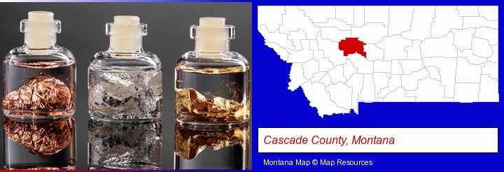 gold, silver, and copper nuggets; Cascade County, Montana highlighted in red on a map
