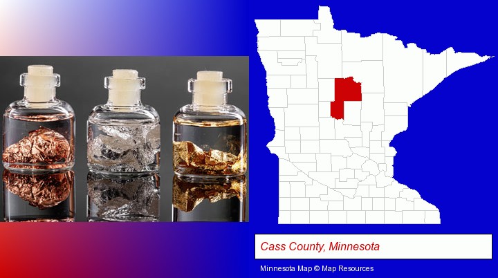 gold, silver, and copper nuggets; Cass County, Minnesota highlighted in red on a map