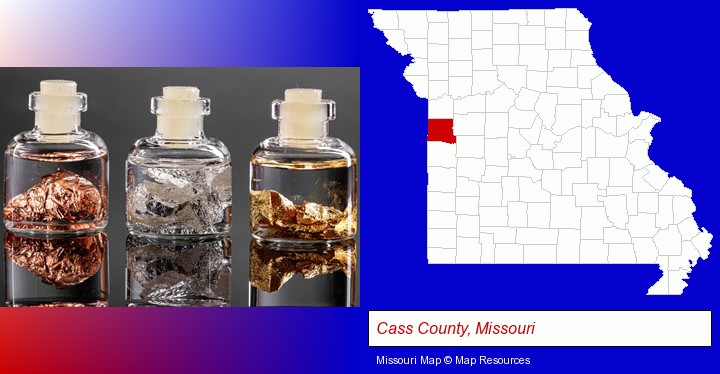 gold, silver, and copper nuggets; Cass County, Missouri highlighted in red on a map