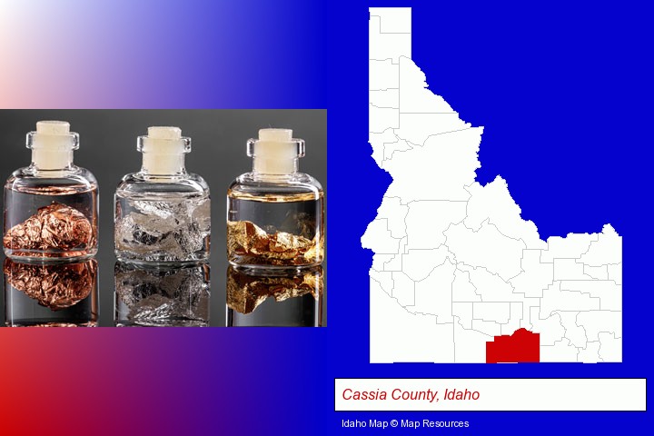 gold, silver, and copper nuggets; Cassia County, Idaho highlighted in red on a map