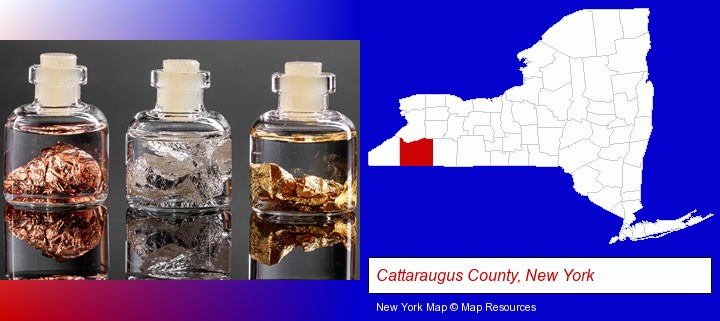 gold, silver, and copper nuggets; Cattaraugus County, New York highlighted in red on a map