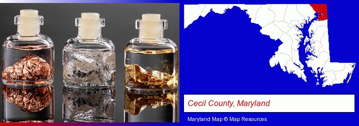 gold, silver, and copper nuggets; Cecil County, Maryland highlighted in red on a map