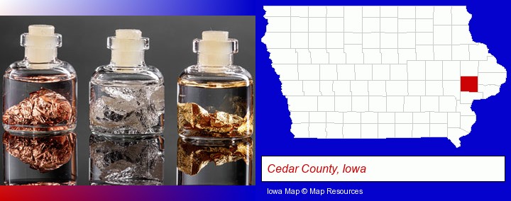 gold, silver, and copper nuggets; Cedar County, Iowa highlighted in red on a map