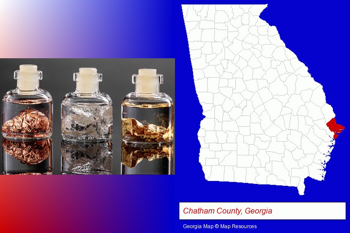 gold, silver, and copper nuggets; Chatham County, Georgia highlighted in red on a map