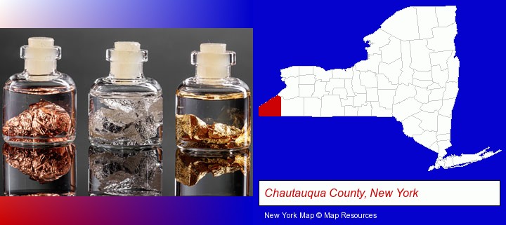 gold, silver, and copper nuggets; Chautauqua County, New York highlighted in red on a map