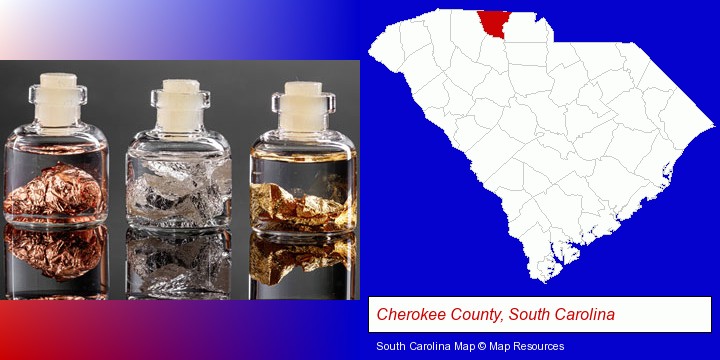 gold, silver, and copper nuggets; Cherokee County, South Carolina highlighted in red on a map