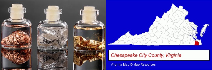 gold, silver, and copper nuggets; Chesapeake City County, Virginia highlighted in red on a map