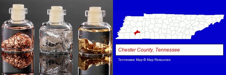 gold, silver, and copper nuggets; Chester County, Tennessee highlighted in red on a map