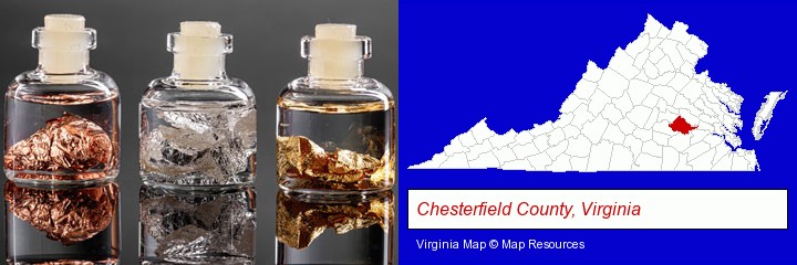 gold, silver, and copper nuggets; Chesterfield County, Virginia highlighted in red on a map