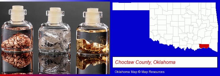 gold, silver, and copper nuggets; Choctaw County, Oklahoma highlighted in red on a map