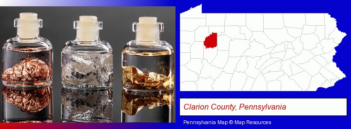 gold, silver, and copper nuggets; Clarion County, Pennsylvania highlighted in red on a map
