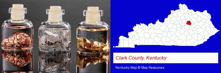 gold, silver, and copper nuggets; Clark County, Kentucky highlighted in red on a map