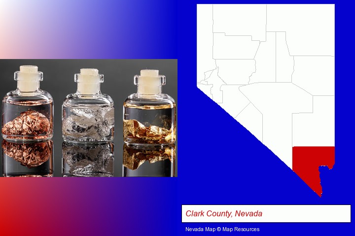 gold, silver, and copper nuggets; Clark County, Nevada highlighted in red on a map