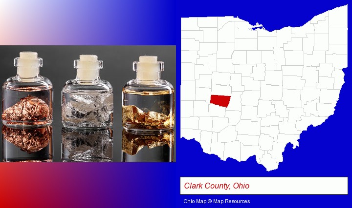 gold, silver, and copper nuggets; Clark County, Ohio highlighted in red on a map