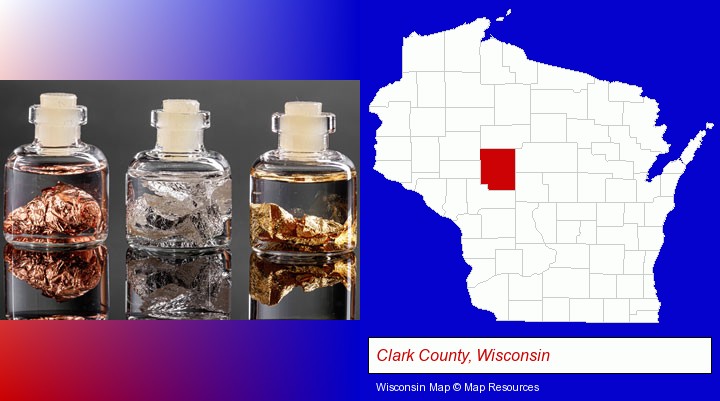 gold, silver, and copper nuggets; Clark County, Wisconsin highlighted in red on a map