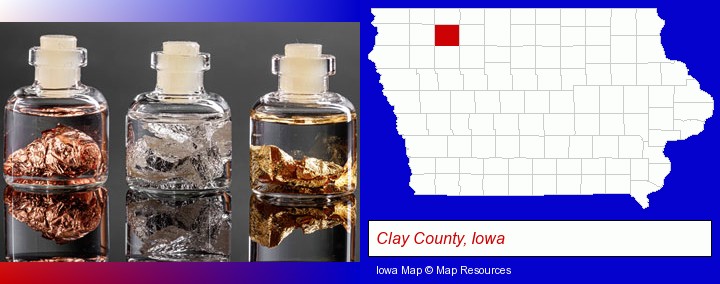 gold, silver, and copper nuggets; Clay County, Iowa highlighted in red on a map