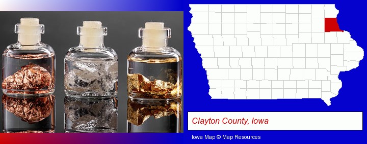 gold, silver, and copper nuggets; Clayton County, Iowa highlighted in red on a map