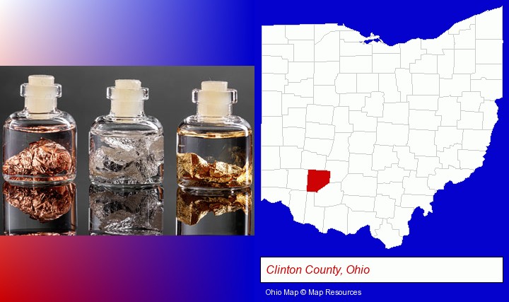 gold, silver, and copper nuggets; Clinton County, Ohio highlighted in red on a map