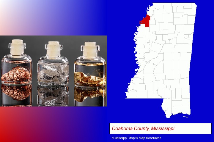 gold, silver, and copper nuggets; Coahoma County, Mississippi highlighted in red on a map