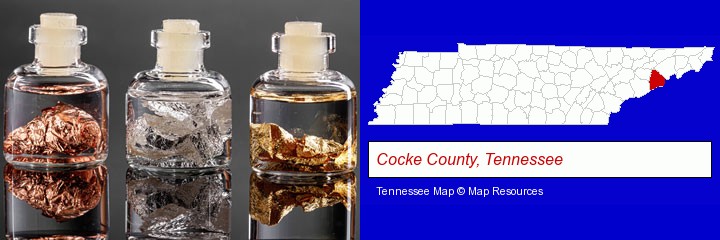 gold, silver, and copper nuggets; Cocke County, Tennessee highlighted in red on a map