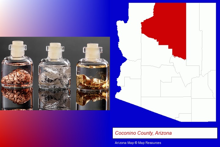 gold, silver, and copper nuggets; Coconino County, Arizona highlighted in red on a map