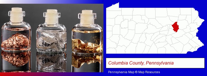 gold, silver, and copper nuggets; Columbia County, Pennsylvania highlighted in red on a map