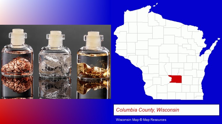 gold, silver, and copper nuggets; Columbia County, Wisconsin highlighted in red on a map