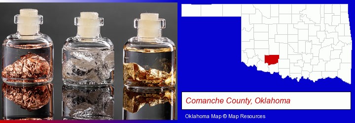 gold, silver, and copper nuggets; Comanche County, Oklahoma highlighted in red on a map