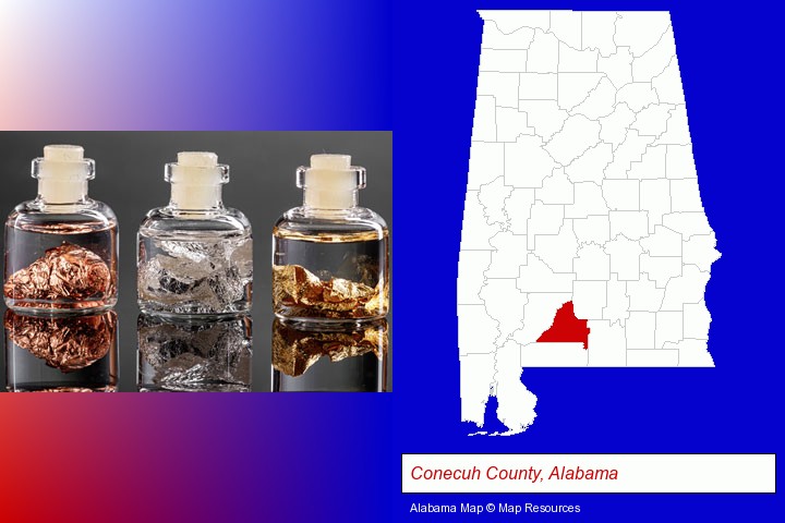 gold, silver, and copper nuggets; Conecuh County, Alabama highlighted in red on a map