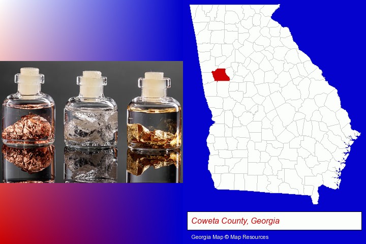 gold, silver, and copper nuggets; Coweta County, Georgia highlighted in red on a map