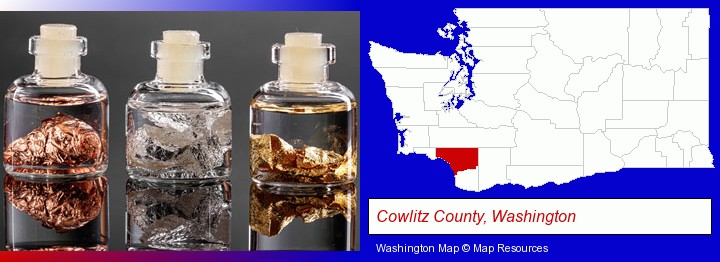 gold, silver, and copper nuggets; Cowlitz County, Washington highlighted in red on a map