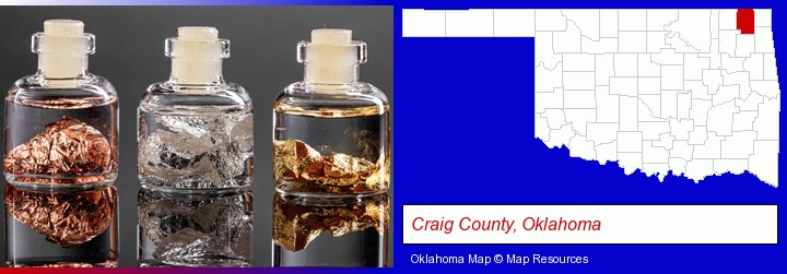 gold, silver, and copper nuggets; Craig County, Oklahoma highlighted in red on a map