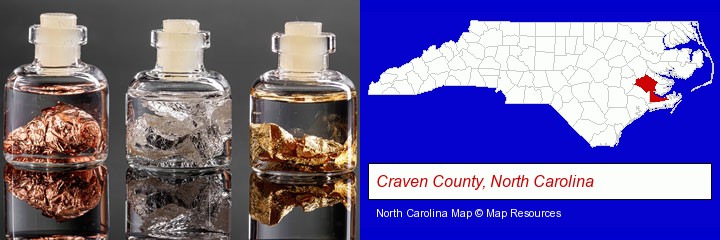 gold, silver, and copper nuggets; Craven County, North Carolina highlighted in red on a map