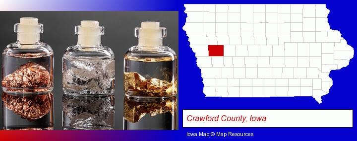 gold, silver, and copper nuggets; Crawford County, Iowa highlighted in red on a map